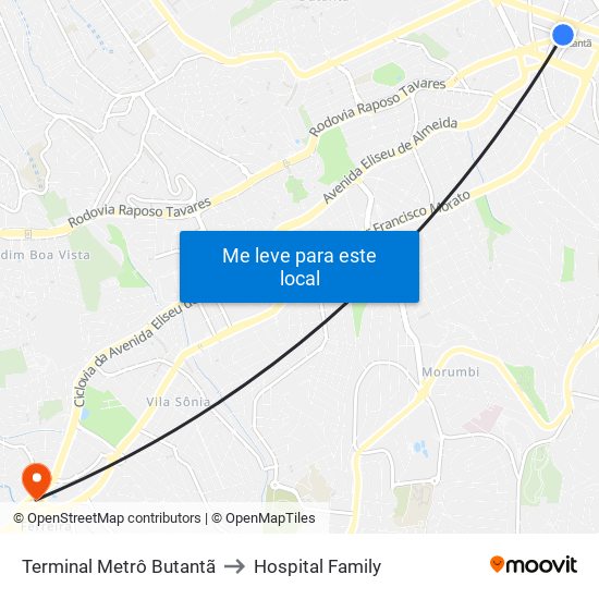 Terminal Metrô Butantã to Hospital Family map