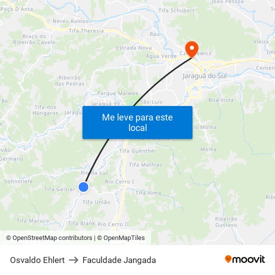 Osvaldo Ehlert to Faculdade Jangada map