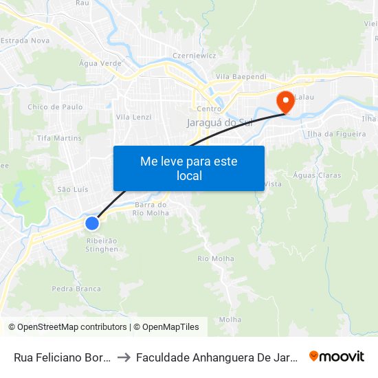Rua Feliciano Bortolini, 5 to Faculdade Anhanguera De Jaraguá Do Sul map