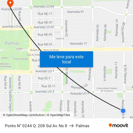 Ponto N° 0244 Q. 208 Sul Av. Ns 8 to Palmas map