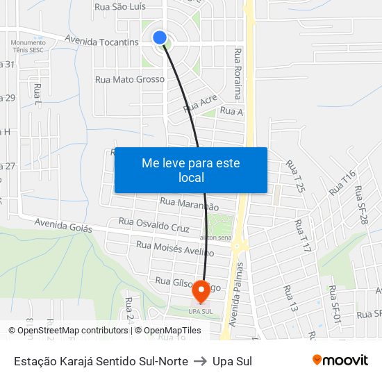 Estação Karajá Sentido Sul-Norte to Upa Sul map