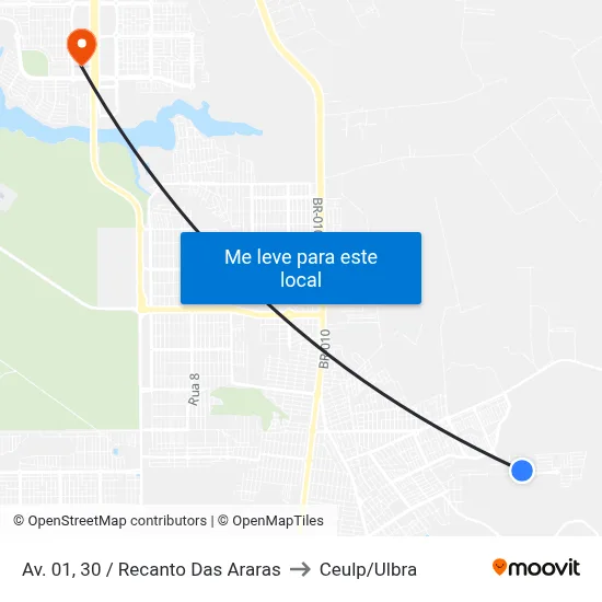Av. 01, 30 / Recanto Das Araras to Ceulp/Ulbra map