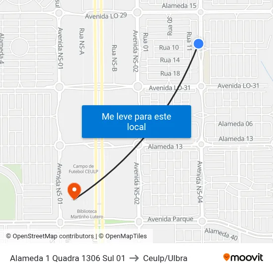 Alameda 1 Quadra 1306 Sul 01 to Ceulp/Ulbra map