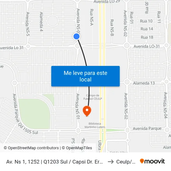Av. Ns 1, 1252 | Q1203 Sul / Capsi Dr. Ermílio Fernandes to Ceulp/Ulbra map