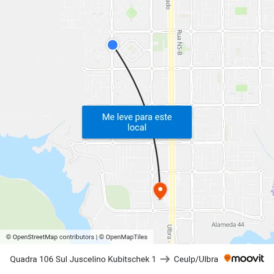Quadra 106 Sul Juscelino Kubitschek 1 to Ceulp/Ulbra map