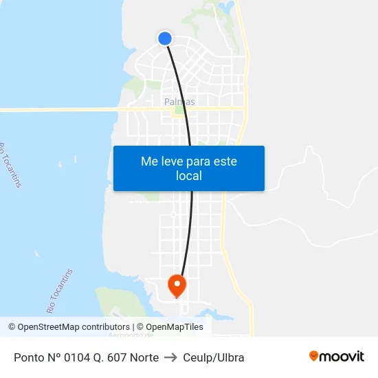 Ponto Nº 0104 Q. 607 Norte to Ceulp/Ulbra map