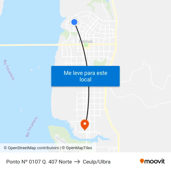 Ponto Nº 0107 Q. 407 Norte to Ceulp/Ulbra map