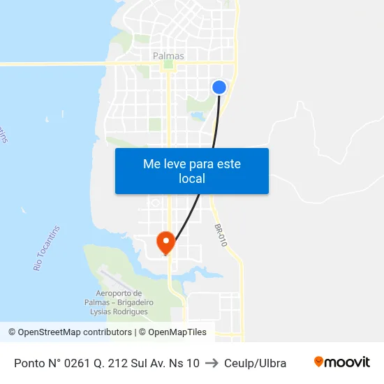 Ponto N° 0261 Q. 212 Sul Av. Ns 10 to Ceulp/Ulbra map