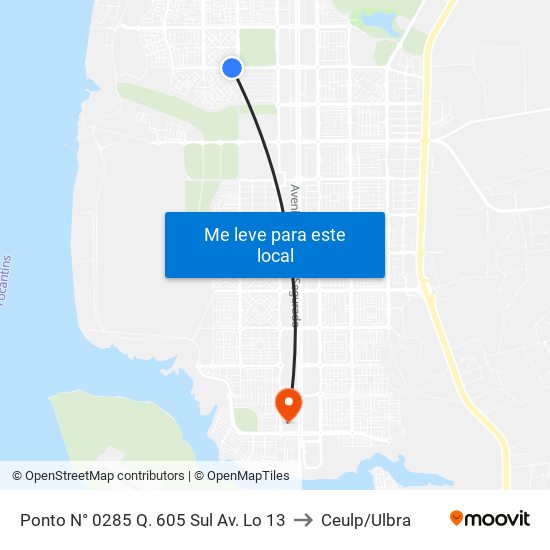 Ponto N° 0285 Q. 605 Sul Av. Lo 13 to Ceulp/Ulbra map