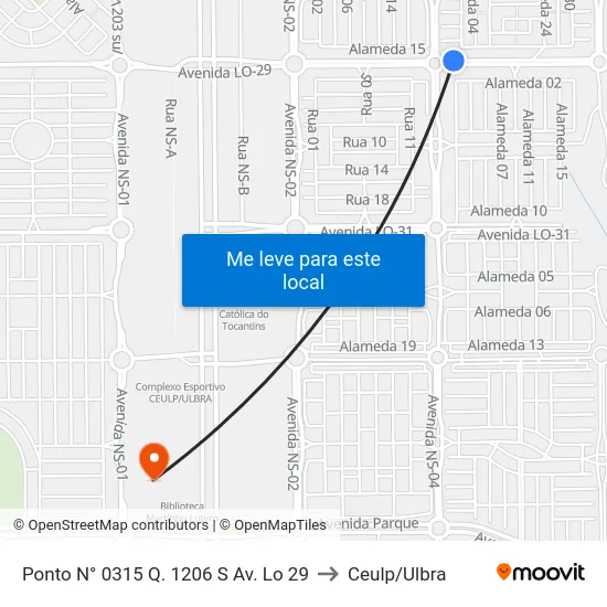 Ponto N° 0315 Q. 1206 S Av. Lo 29 to Ceulp/Ulbra map