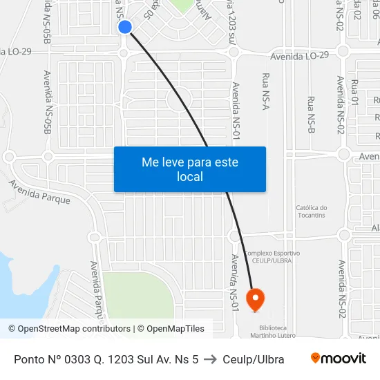 Ponto Nº 0303 Q. 1203 Sul Av. Ns 5 to Ceulp/Ulbra map