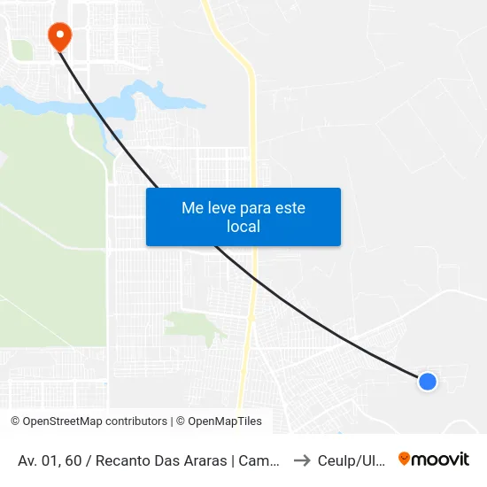Av. 01, 60 / Recanto Das Araras | Campinho to Ceulp/Ulbra map