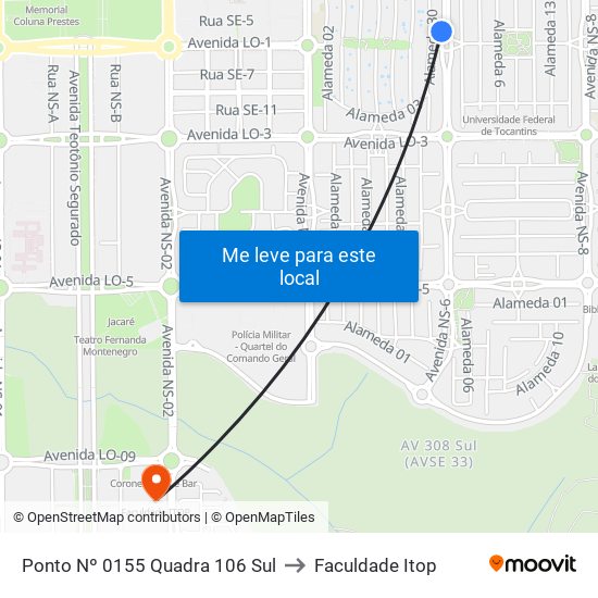 Ponto Nº 0155 Quadra 106 Sul to Faculdade Itop map