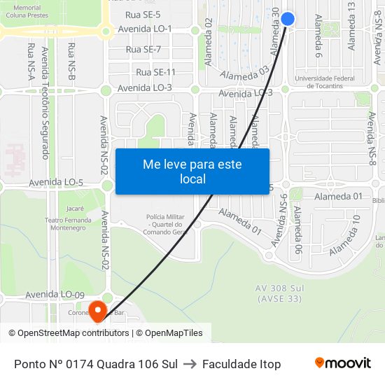 Ponto Nº 0174 Quadra 106 Sul to Faculdade Itop map