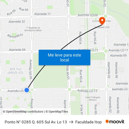 Ponto N° 0285 Q. 605 Sul Av. Lo 13 to Faculdade Itop map