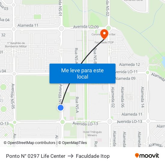 Ponto N° 0297 Life Center to Faculdade Itop map