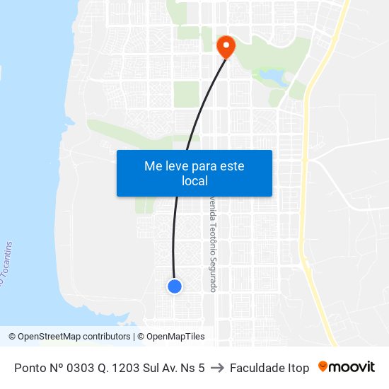 Ponto Nº 0303 Q. 1203 Sul Av. Ns 5 to Faculdade Itop map