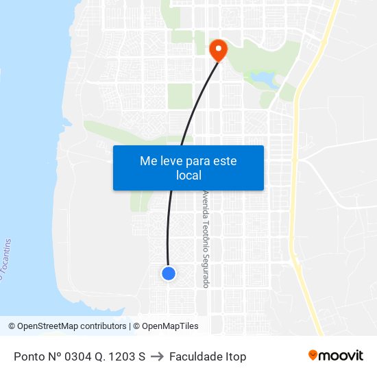 Ponto Nº 0304 Q. 1203 S to Faculdade Itop map