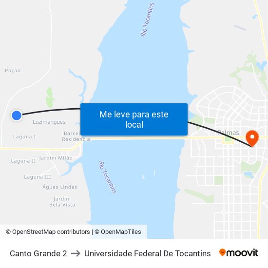 Canto Grande 2 to Universidade Federal De Tocantins map