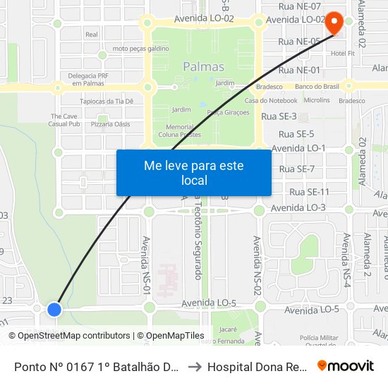 Ponto Nº 0167 1º Batalhão Da PM to Hospital Dona Regina map