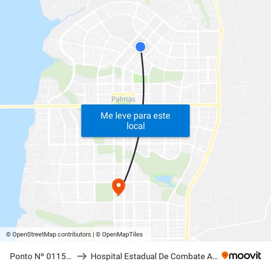 Ponto Nº 0115 Q. 401 Norte to Hospital Estadual De Combate Ao Covid-19 - Palmas - T0 map