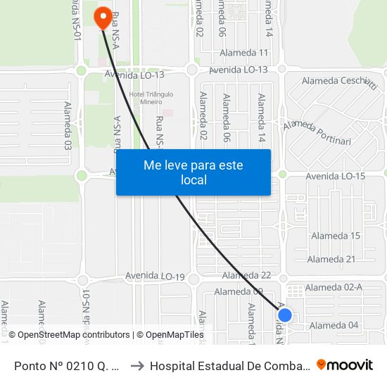 Ponto Nº 0210 Q. 806 Sul Avenida Ns 4 to Hospital Estadual De Combate Ao Covid-19 - Palmas - T0 map