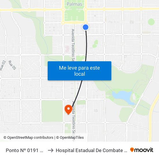 Ponto Nº 0191 Alvorada Center to Hospital Estadual De Combate Ao Covid-19 - Palmas - T0 map