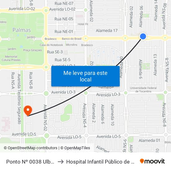 Ponto Nº 0038 Ulbra/Jk to Hospital Infantil Público de Palmas map