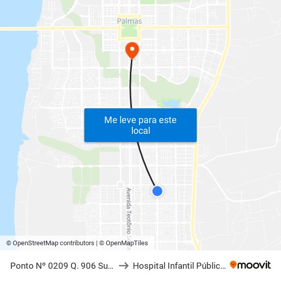 Ponto Nº 0209 Q. 906 Sul Avenida Ns 4 to Hospital Infantil Público de Palmas map