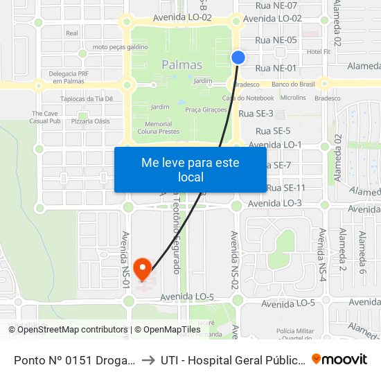 Ponto Nº 0151 Drogaria Unicom to UTI - Hospital Geral Público de Palmas map