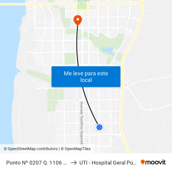 Ponto Nº 0207 Q. 1106 Sul Avenida Ns 4 to UTI - Hospital Geral Público de Palmas map