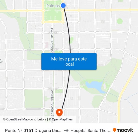 Ponto Nº 0151 Drogaria Unicom to Hospital Santa Thereza map