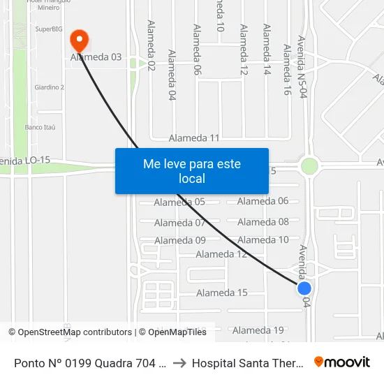 Ponto Nº 0199 Quadra 704 Sul to Hospital Santa Thereza map