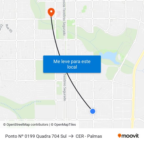 Ponto Nº 0199 Quadra 704 Sul to CER - Palmas map