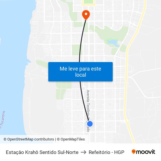 Estaçâo Krahô, Sul-Norte | Av. Joaquim Teotônio Segurado, 109 to Refeitório - HGP map