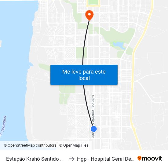 Estação Krahô, Norte-Sul | Av. Joaquim Teotônio Segurado, 1086 to Hgp - Hospital Geral De Palmas map