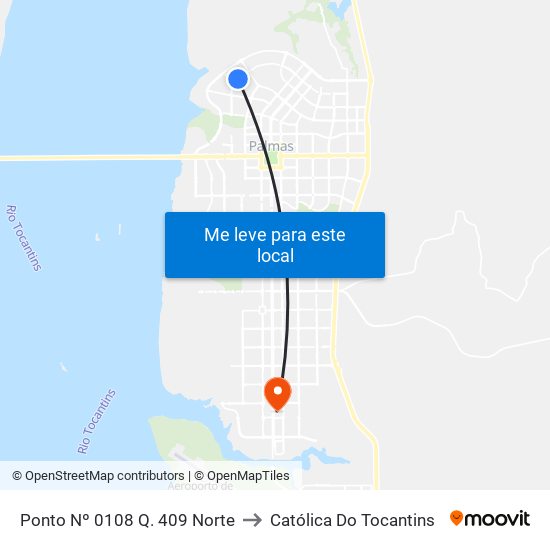 Ponto Nº 0108 Q. 409 Norte to Católica Do Tocantins map