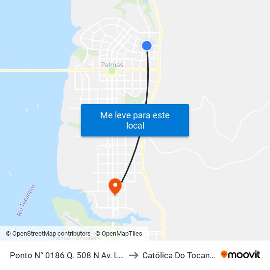 Ponto N° 0186 Q. 508 N Av. Lo 14 to Católica Do Tocantins map