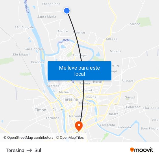 Teresina to Sul map