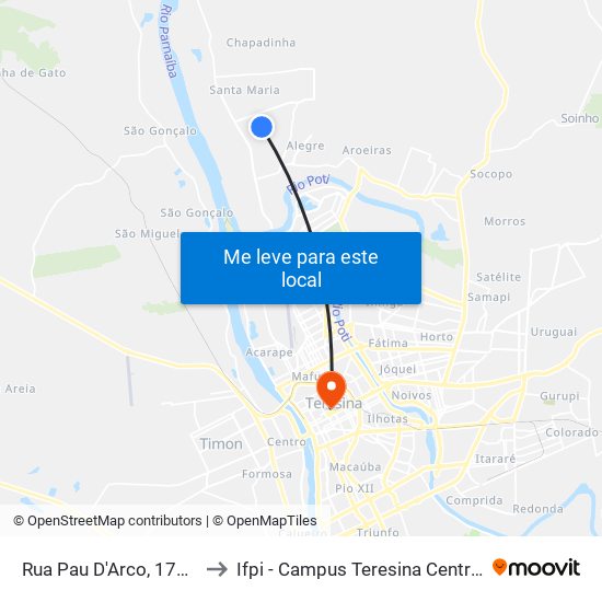 Rua Pau D'Arco, 1761 to Ifpi - Campus Teresina Central map