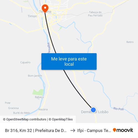 Br 316, Km 32 | Prefeitura De Demerval Lobão  (Sent. Sul) to Ifpi - Campus Teresina Central map