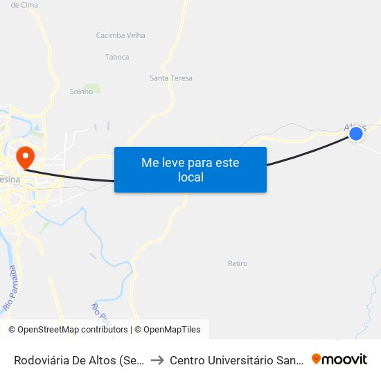 Rodoviária De Altos (Sent. Teresina) to Centro Universitário Santo Agostinho map