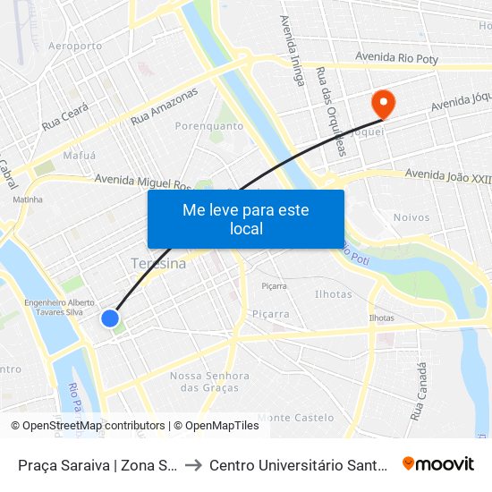 Praça Saraiva | Zona Sul E Norte to Centro Universitário Santo Agostinho map