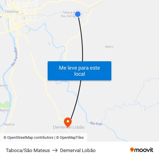 Taboca/São Mateus to Demerval Lobão map