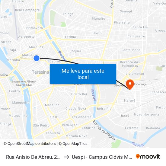 Rua Anísio De Abreu, 2190 to Uespi - Campus Clóvis Moura map