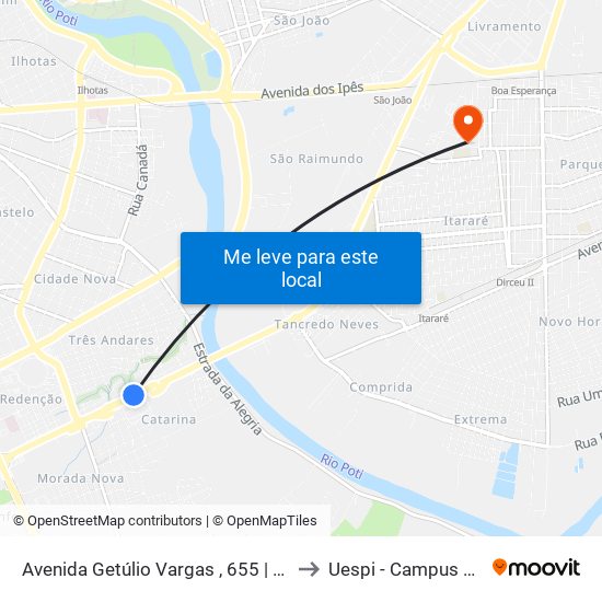 Avenida Getúlio Vargas , 655 | Oposto À Rodoviária to Uespi - Campus Clóvis Moura map