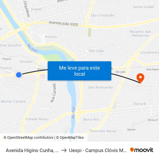 Avenida Higino Cunha, 766 to Uespi - Campus Clóvis Moura map