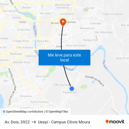Av. Dois, 3922 to Uespi - Campus Clóvis Moura map