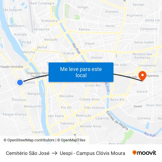 Cemitério São José to Uespi - Campus Clóvis Moura map