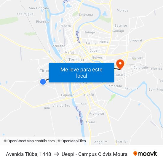 Avenida Tiúba, 1448 to Uespi - Campus Clóvis Moura map